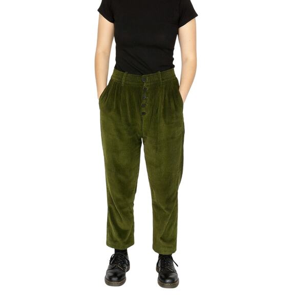 Mango Olive Green Corduroy Pants High Rise Baggy Straight Leg Size 6 - Picture 1 of 5